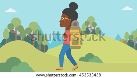 An african-american woman hiking in mountains. Female traveler with backpack mountaineering. Hiking woman with backpack walking outdoor. Vector flat design illustration. Horizontal layout.