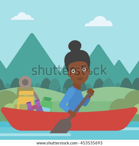 An african-american woman riding in a kayak on the river with a skull in hands and some tourist equipment behind her. Woman traveling by kayak. Vector flat design illustration. Square layout.