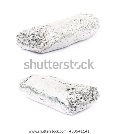Sub sandwich wrapped in silver metal foil isolated over the white background 