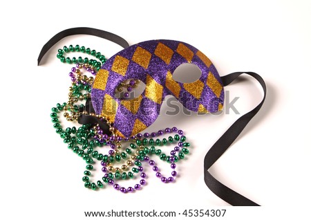 Purple and gold Venetian Mask with green, gold, and purple Mardi Gras beads