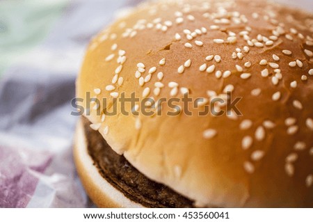 Top of the big Hamburger with sesame - macro food picture