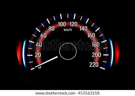 Backlit gauges of an automobile. Blue Red glowing meters speedometer isolated on black background.