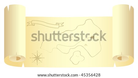 Scroll with treasure island map. Isolated on a white. Vector illustration.
