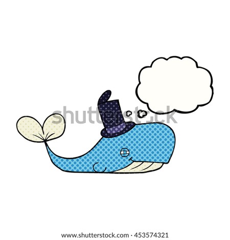 freehand drawn thought bubble cartoon whale wearing hat