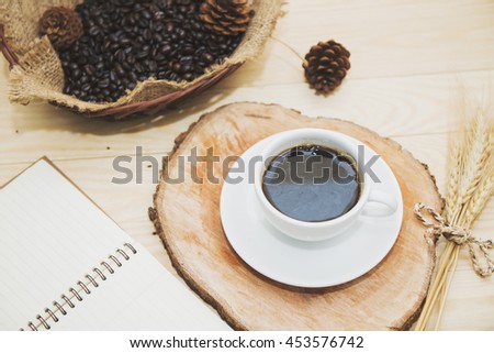 Coffee cup and coffee beans on a wooden table ,Top view point