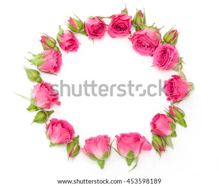 Pink roses on white background. Flat lay, top view, Frame wreath