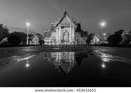Black and White, Marble temple with water reflection, Thailand landmark 