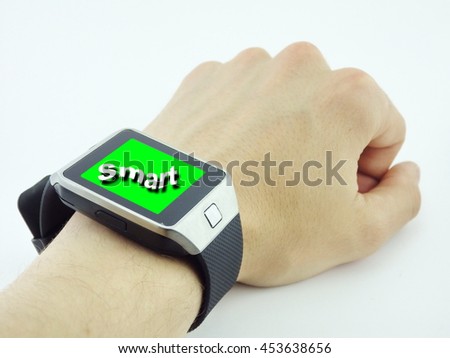 Smart watch on hand,  green screen and text
