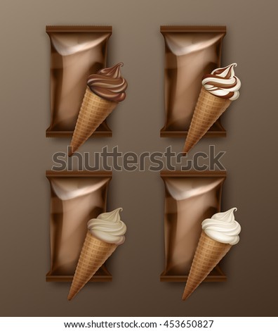 Vector Set of White Classic and Chocolate Soft Serve Ice Cream Waffle Cone with Brown Plastic Foil Wrapper for Branding Package Design Close up Isolated on Background