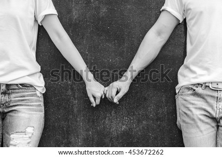 Two love couples hold hand together in black and white photo. Royalty-Free Stock Photo #453672262
