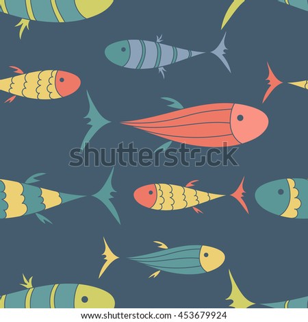 Collection of fish icon hand drawn background. Doodle wallpaper vector. Colorful seamless pattern with sketch objects