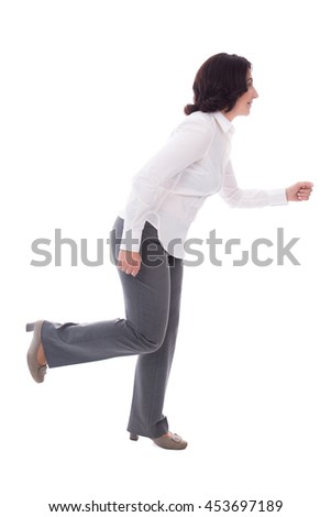 mature woman running isolated on white background