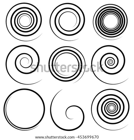 Set of 9 different spiral elements. Swooshes, swirl shapes.