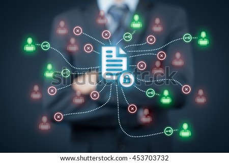 Corporate data management system (DMS) and document management system with privacy theme concept. Businessman think how to protect document connected with users, access rights symbolized by key.
