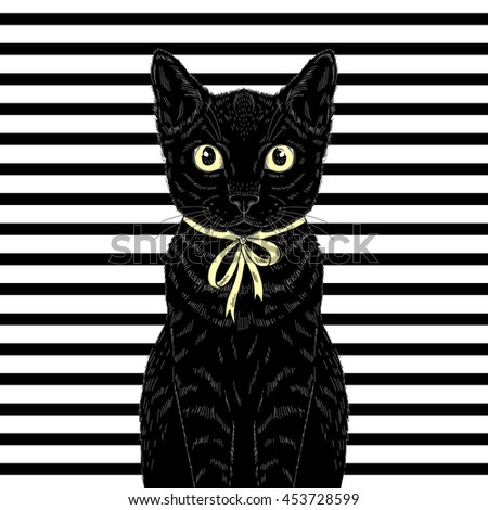 black cat on stripy background, hand drawn animal illustration
