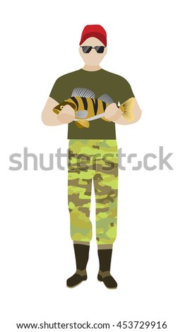 Fisherman standing and holding big perch fish Flat vector illustration.
