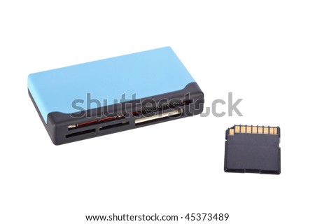 Multimedia card reader and SDHC card, isolated on white background. Shallow depth of field