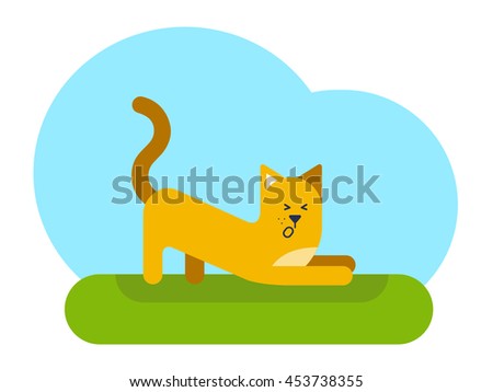Just awakened funny cat is standing on a green grass and yawns. Flat design vector illustration.