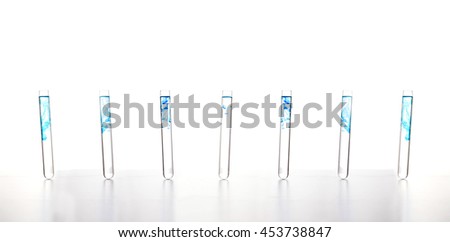 Test tube placing lined, And the flow of chemicals in the tube. White background