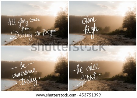 Photo Collage of Handwritten motivational texts over sunset calm sunny beach background with vintage filter applied