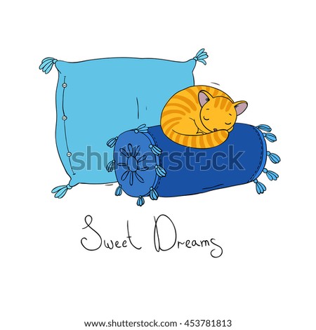 Beautiful pillows and cute cat on a white background. Hand drawn vector.
