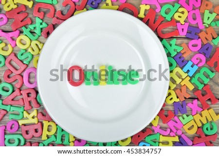 Online word on white plate and magnetic letters
