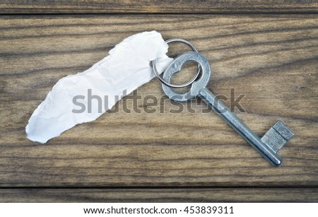 Closeup of key with empty note on wooden table