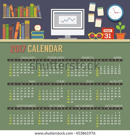 Flat Design Workspace 2017 Printable Calendar Starts Sunday Vector Illustration