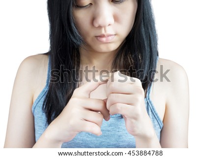 Acute pain in a woman finger isolated on white background. Clipping path on white background