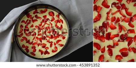 strawberry pie dough in a baking dish. kitchen towel. collage