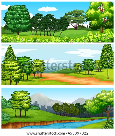 Three scenes of forest and fields illustration