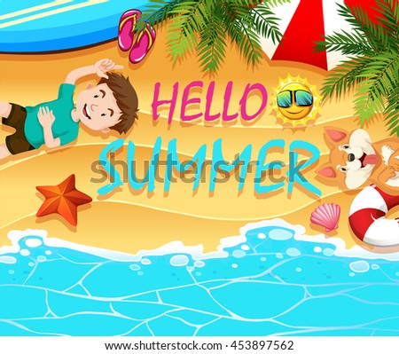 Summer theme with boy and dog on the beach illustration