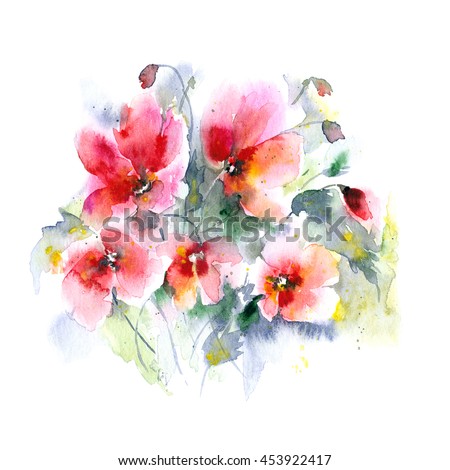 Red flowers. Poppy. Watercolor floral decoration. Floral bouquet. Vector floral background. Birthday card.