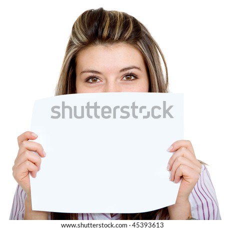 Business woman with a banner isolated over a white background