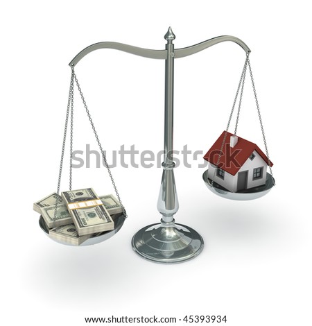Classic scales of justice with a house and stacks of hundred dollar bills, isolated on white background Royalty-Free Stock Photo #45393934