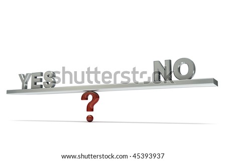 Stylized seesaw on a question mark with words YES and NO, isolated on  white background