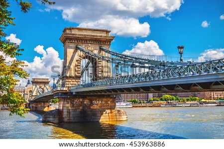 Chain bridge on danube river in budapest city hungary Royalty-Free Stock Photo #453963886