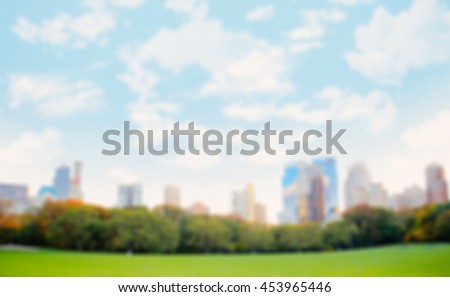 Central Park, New York blurred background in Spring Summer with beautiful blue sky over green grass and city skyscraper view background. For spring, summer park background and other creative design.