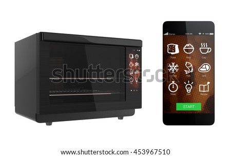 Electric oven and smart phone isolated on white background. Using smart phone app could link to the oven. 3D rendering image with clipping path.
