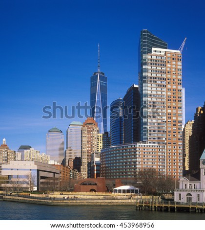 View of buildings of Manhattan from the Hudson River.