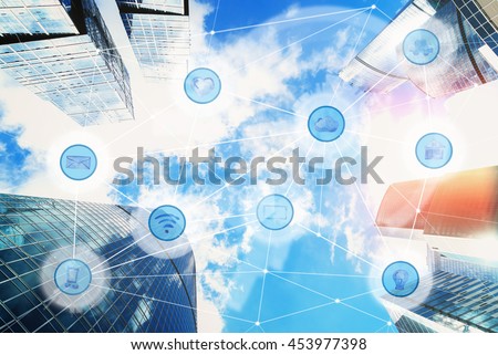 city and wireless communication network, IoT Internet of Things and ICT Information Communication Technology concept
