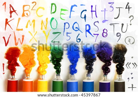 Tubes of paint with alphabet