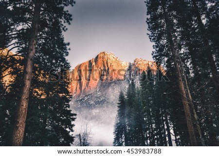 Low key photography of the landscape of Yosemite National Park, California, USA. This landscape of Yosemite National Park has morning light, mountain background, and trees.