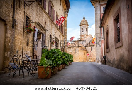 Beautiful church in San Quirico Dorcia tuscan town  Royalty-Free Stock Photo #453984325