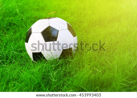 Soccer ball on green grass field closeup