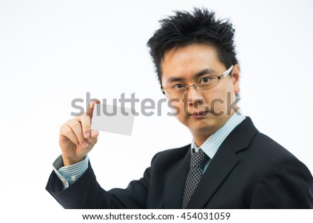 Businessman holding business name card isolated over white background