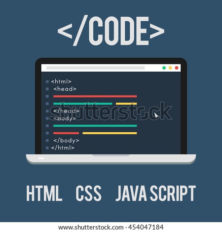 Web Development, code, html, css, java script. Concept Laptop of flat icon. Vector illustration for web design banner on site or print Royalty-Free Stock Photo #454047184