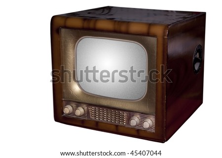  Old  television, dusty and dirty. Isolated on white. Some static noise added on the screen in post-production.