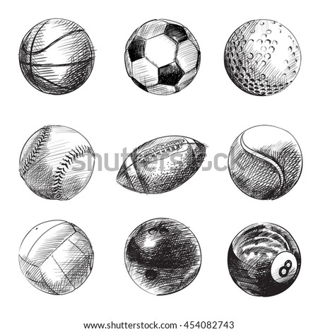 Sport balls sketches vector set, rugby, tennis, american football, soccer, volleyball, basketball, golf, pool. 
