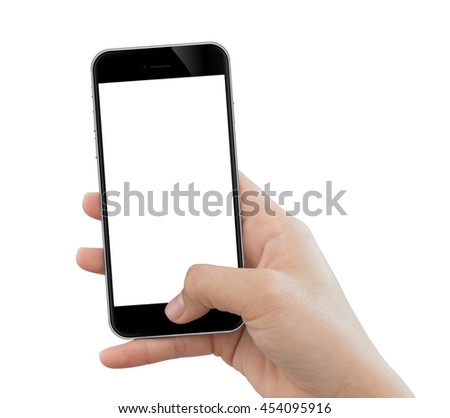closeup hand use phone mobile isolated on white background
